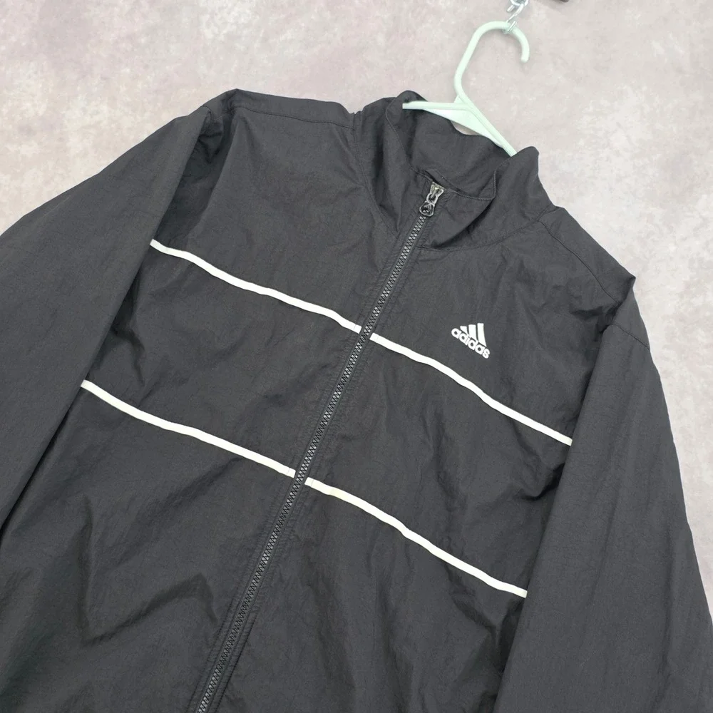 Vintage Adidas Y2K Windbreaker Jacket Mens‎ XL Black White Striped StreetWear 02